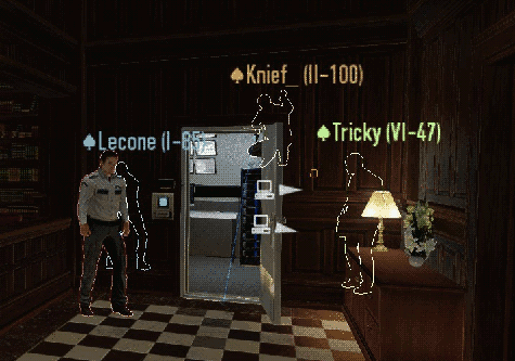 guard standing just outside a room with three heisters in it